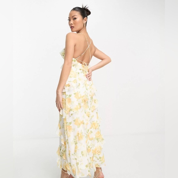 ASOS Ever New Petite ruffle maxi dress in yellow floral size 4 - Picture 3 of 8